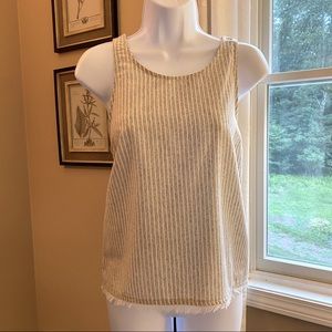 NWOT Taupe/white striped woven linen-like tank with frayed hem. Size Medium